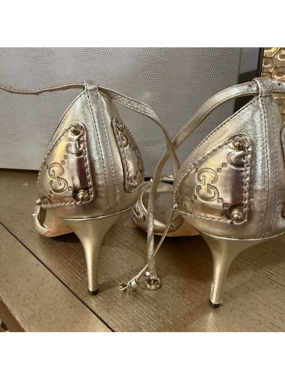Gucci Metallic Gold Open-Toe Heels with GG Accent